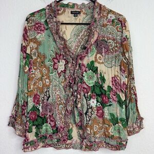 Piano Shirt Women M Colorful Floral Paisley Ruffled Whimsigoth Artsy Boho Hippie